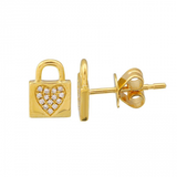 14k gold diamond heart lock earrings