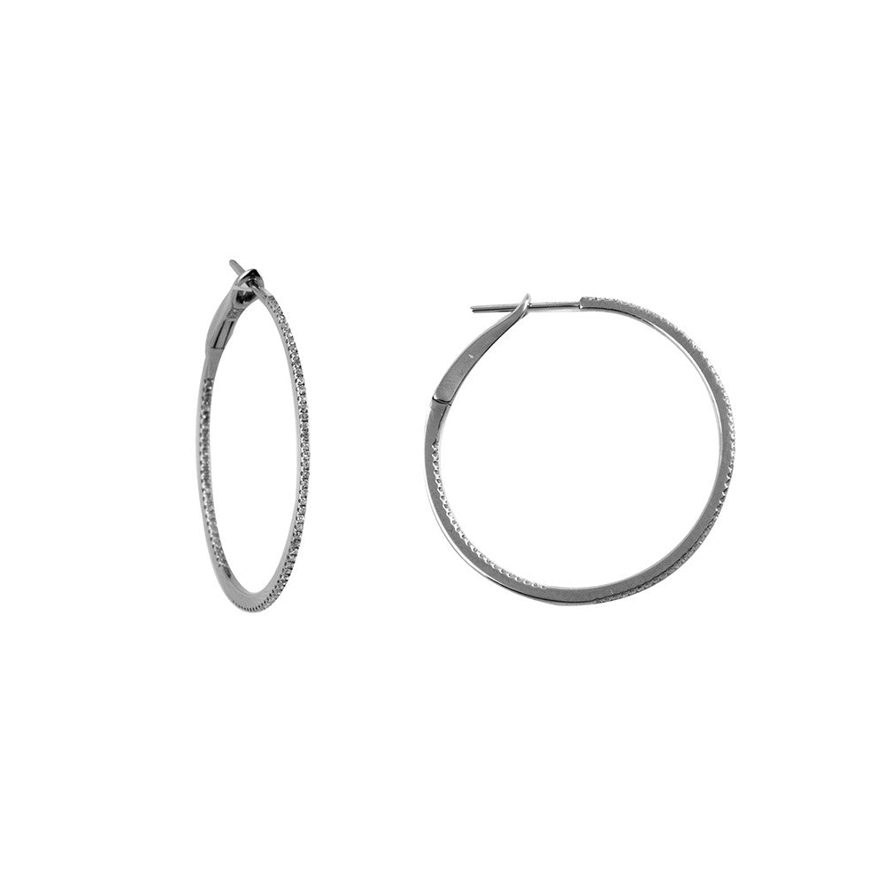 14k White Gold 11/4'' Round Diamond Hoop Earrings