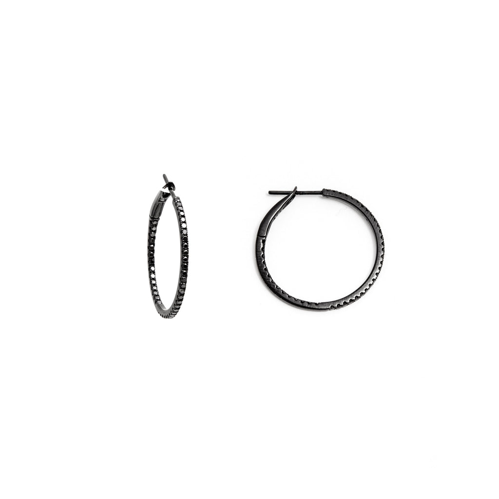 14k Rhodium 1'' round black diamond hoop earrings