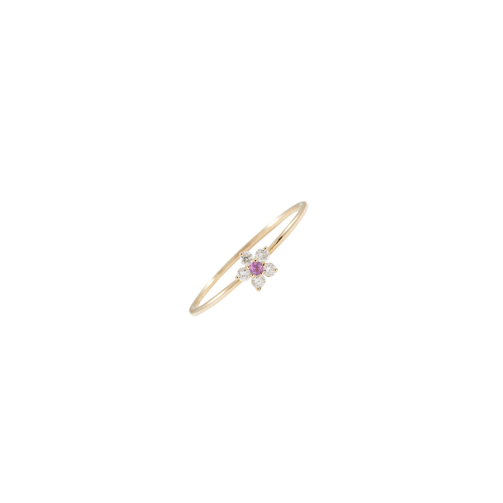 14k gold diamond pink sapphire bitty flower ring