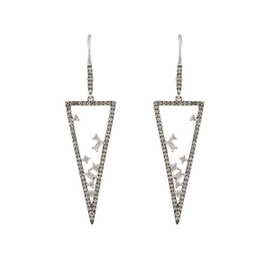 14k black rhodium diamond baguette hanging open triangle earrings