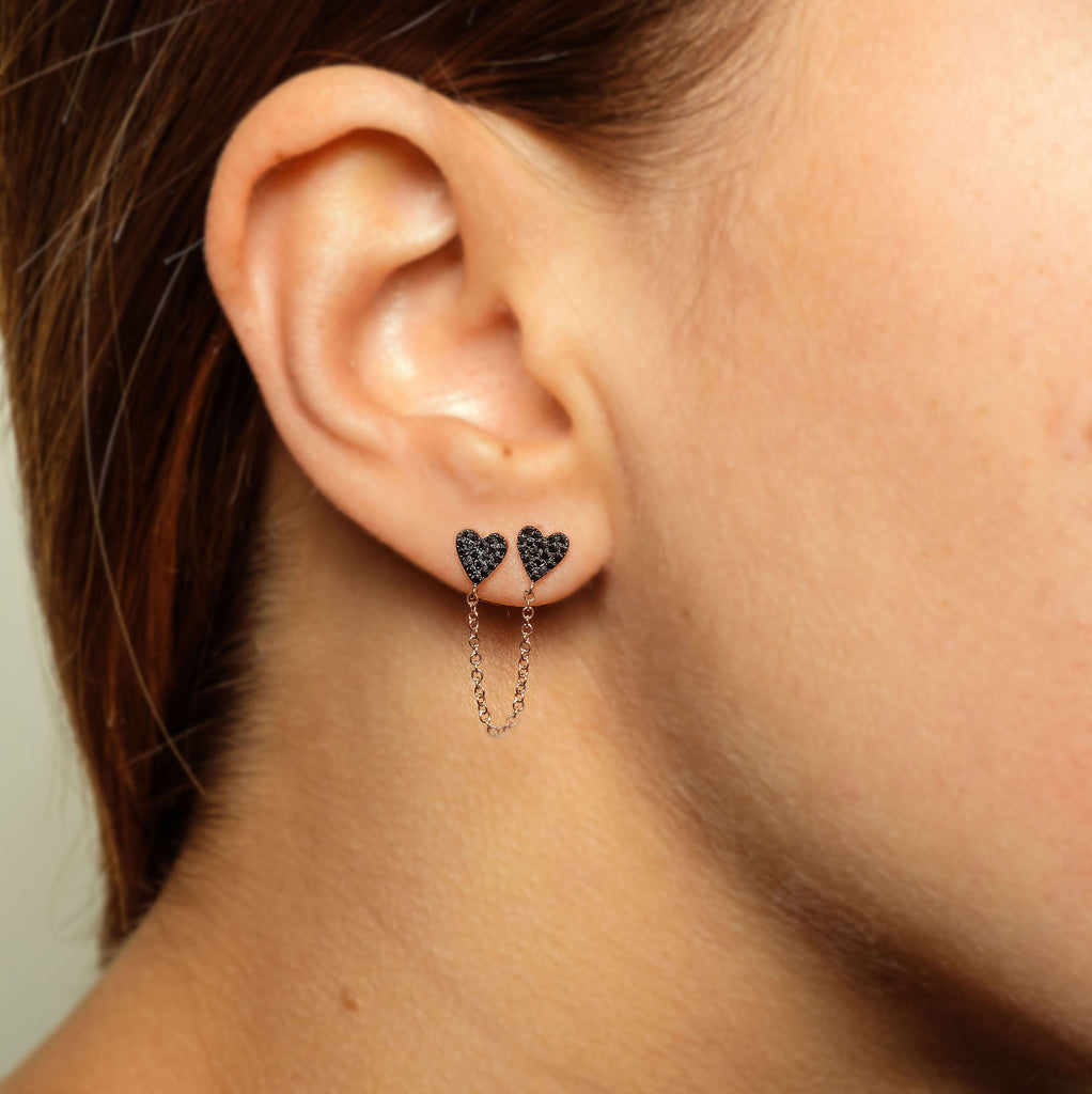 14k gold black diamond double heart with chain studs