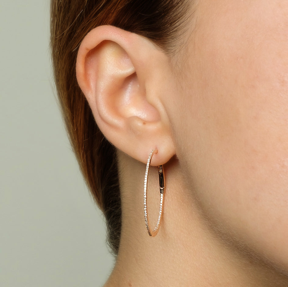 14k gold 34mm round diamond hoop earrings