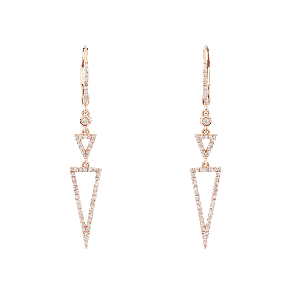 14k rose gold diamond triangle drop earrings