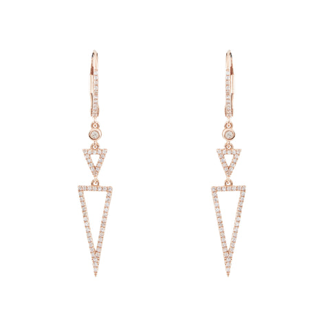 14k rose gold diamond triangle drop earrings