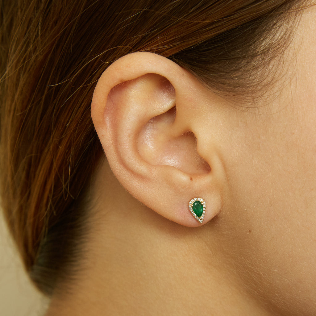 14k gold diamond and emerald pear shape studs