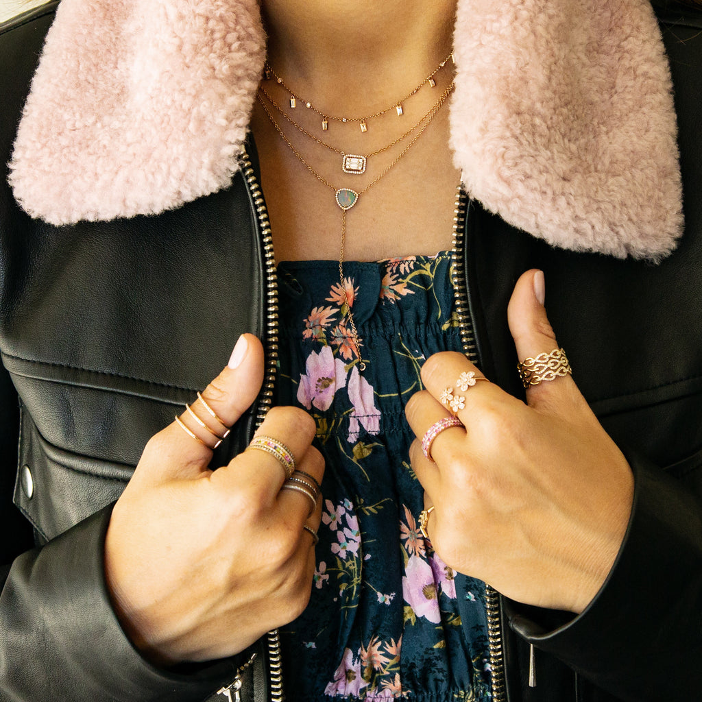 14k gold diamond bezel and baguette drop necklace