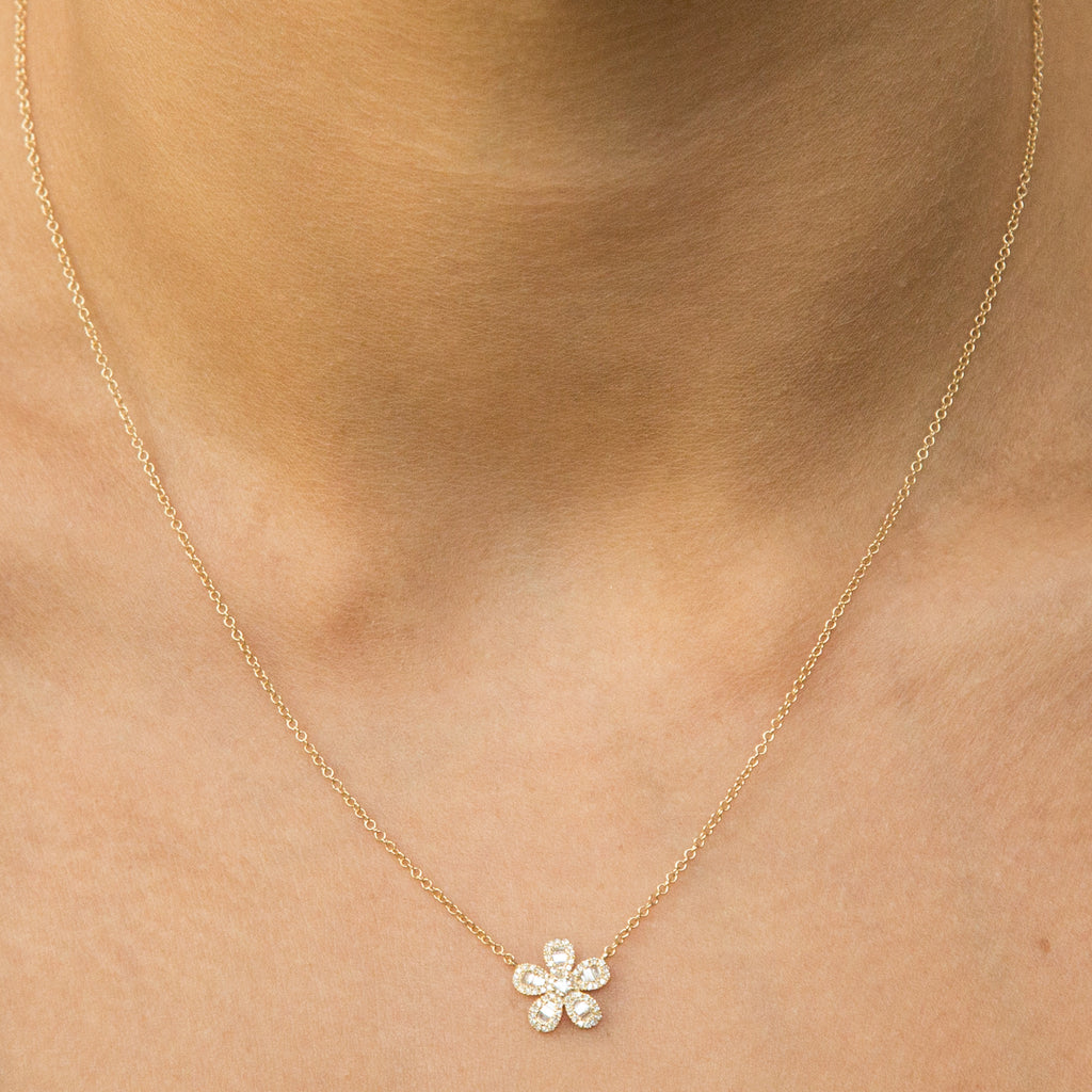 14k gold diamond and baguette daisy necklace