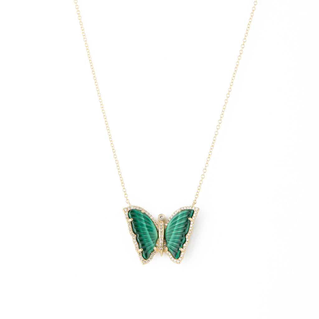 14k gold diamond and malachite butterfly necklace