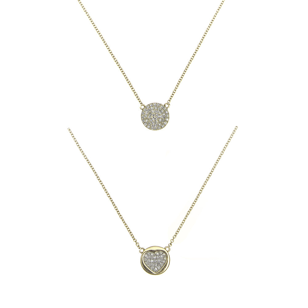 14k gold and diamond reversible pave heart disk necklace
