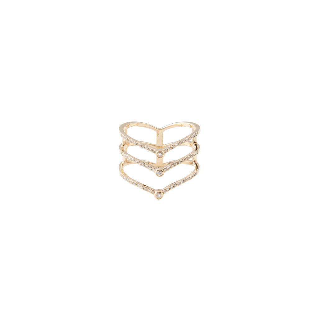 14k gold triple diamond v ring with diamond bezels