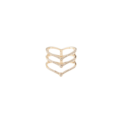 14k gold triple diamond v ring with diamond bezels