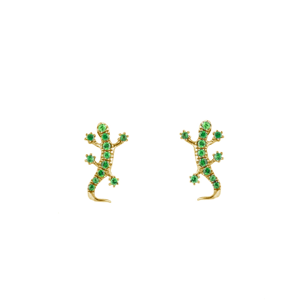 14k yellow gold green tsavolite lizard earrings